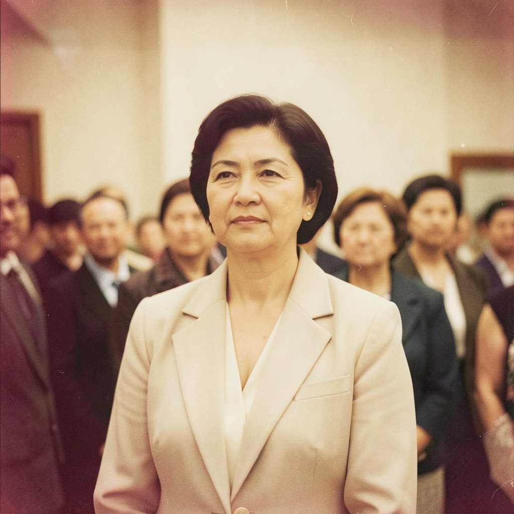 A grainy film photograph of a dignified woman with short dark hair in a soft blazer, standing before a muted crowd, warm amber and cream tones.