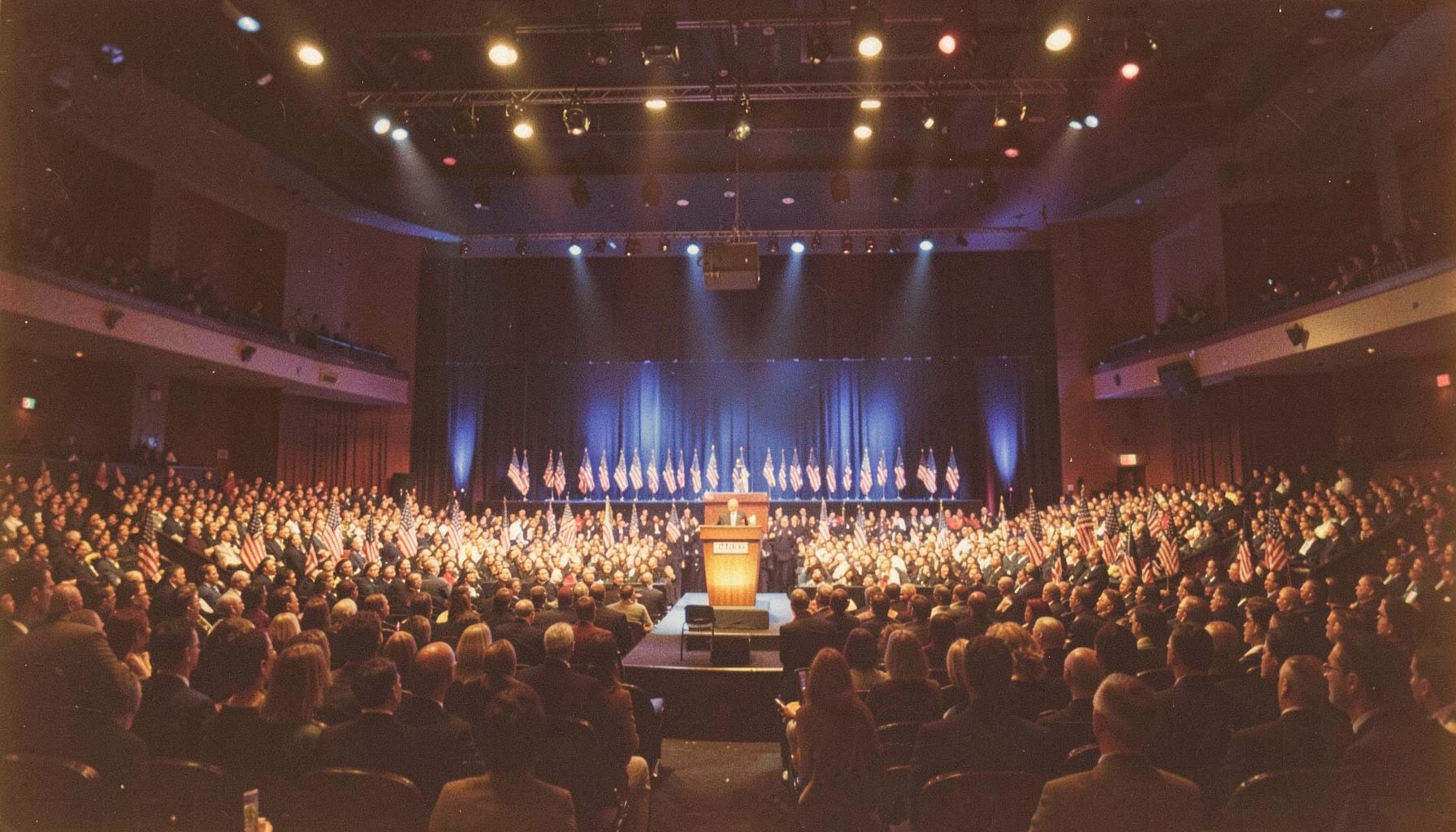 A wide banner photograph of a packed convention hall with blue stage lighting, rows of American flags, and a podium at center stage; warm gold and navy tones dominate the scene.