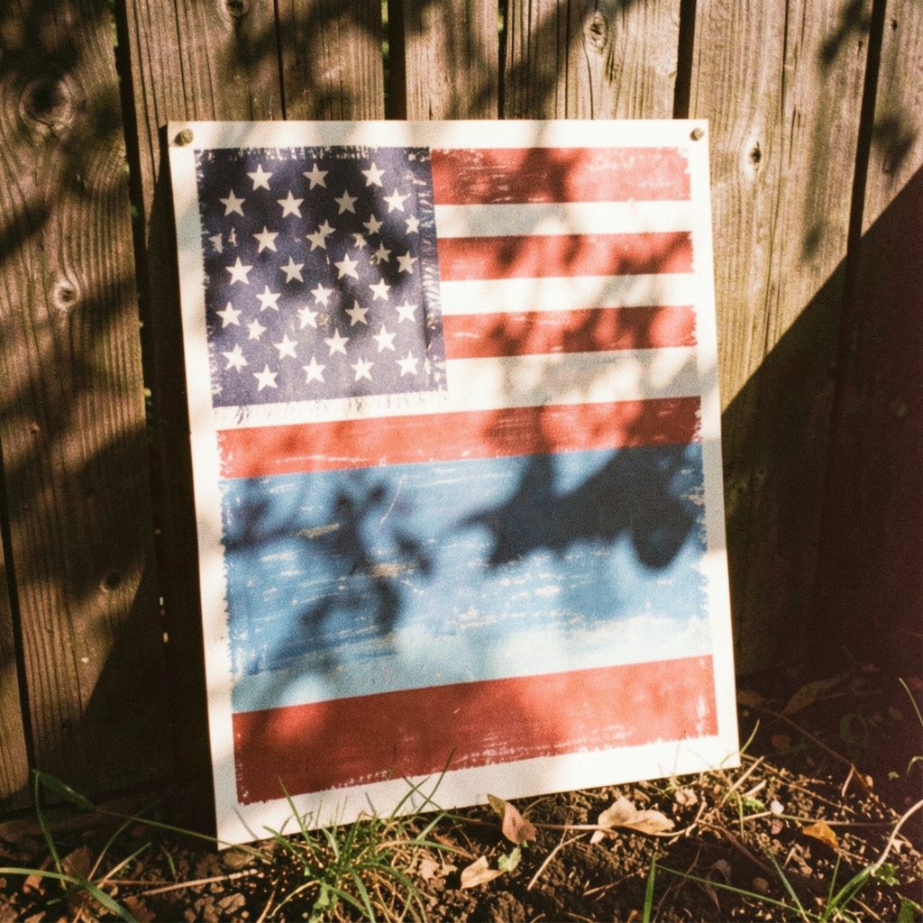 A warm-toned analog photograph of a handmade poster with painted American flag stripes and a blue field, propped against a wooden fence in dappled sunlight.