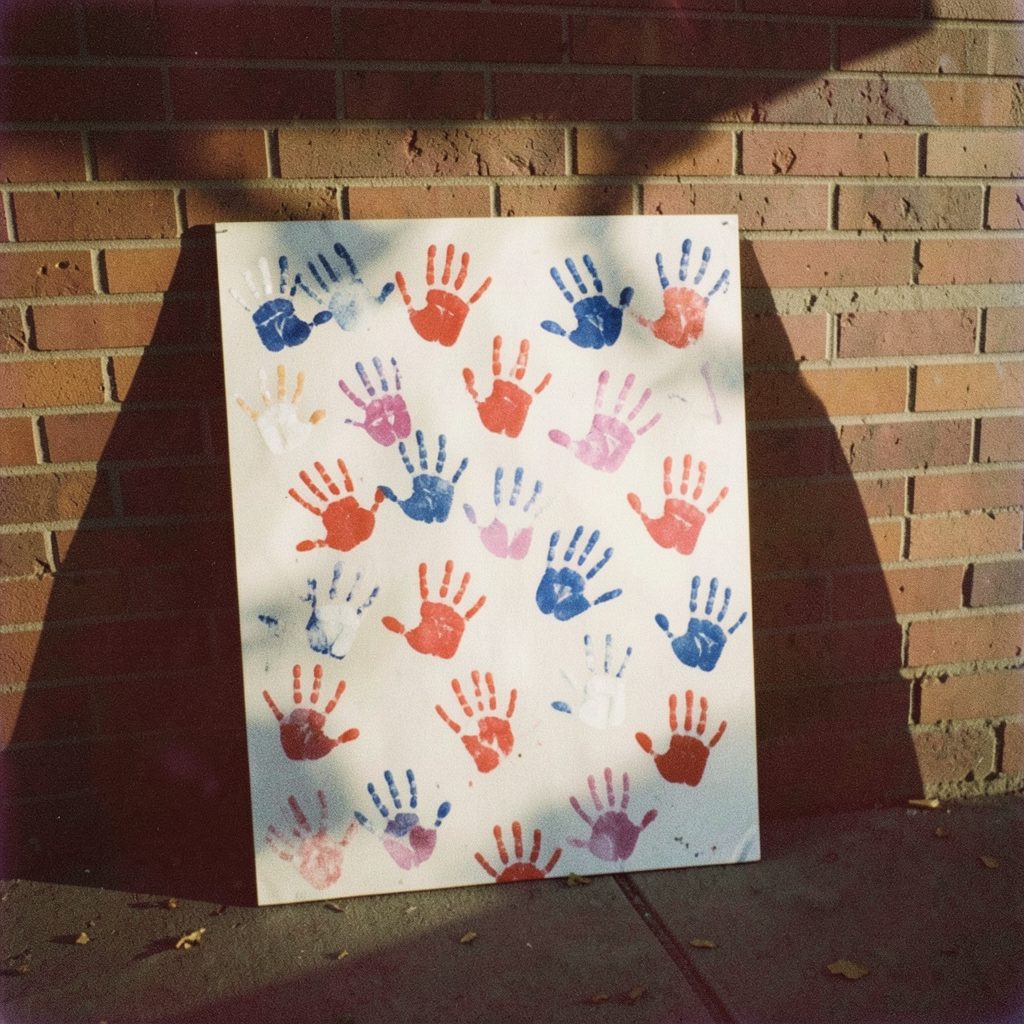 A grainy snapshot of a poster board covered in red, white, and blue handprints, leaning against a brick wall with afternoon shadows stretching across it.
