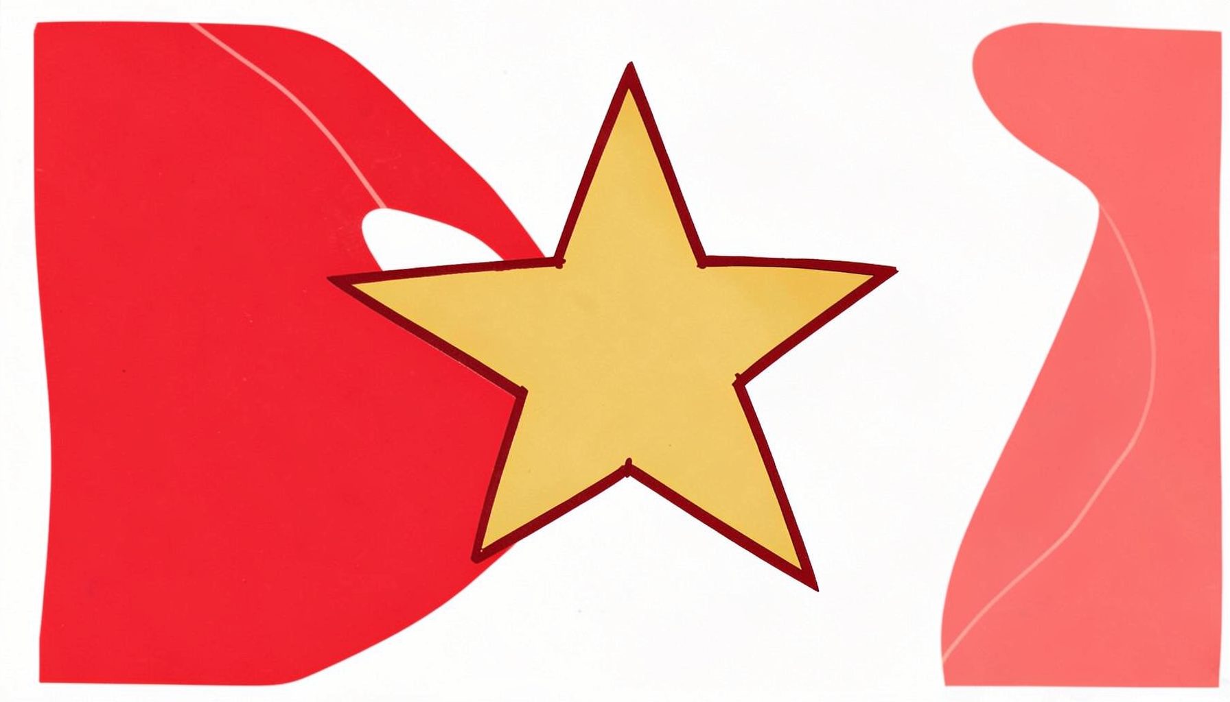 Abstract graphic art with a yellow star outlined in dark red, set between red and pink curved shapes on a white background