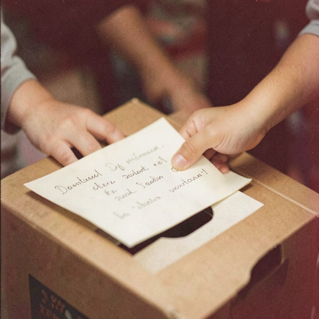 A close-up film photograph of a child's hand placing a handwritten letter into a campaign donation box, warm brown and cream tones with visible grain.